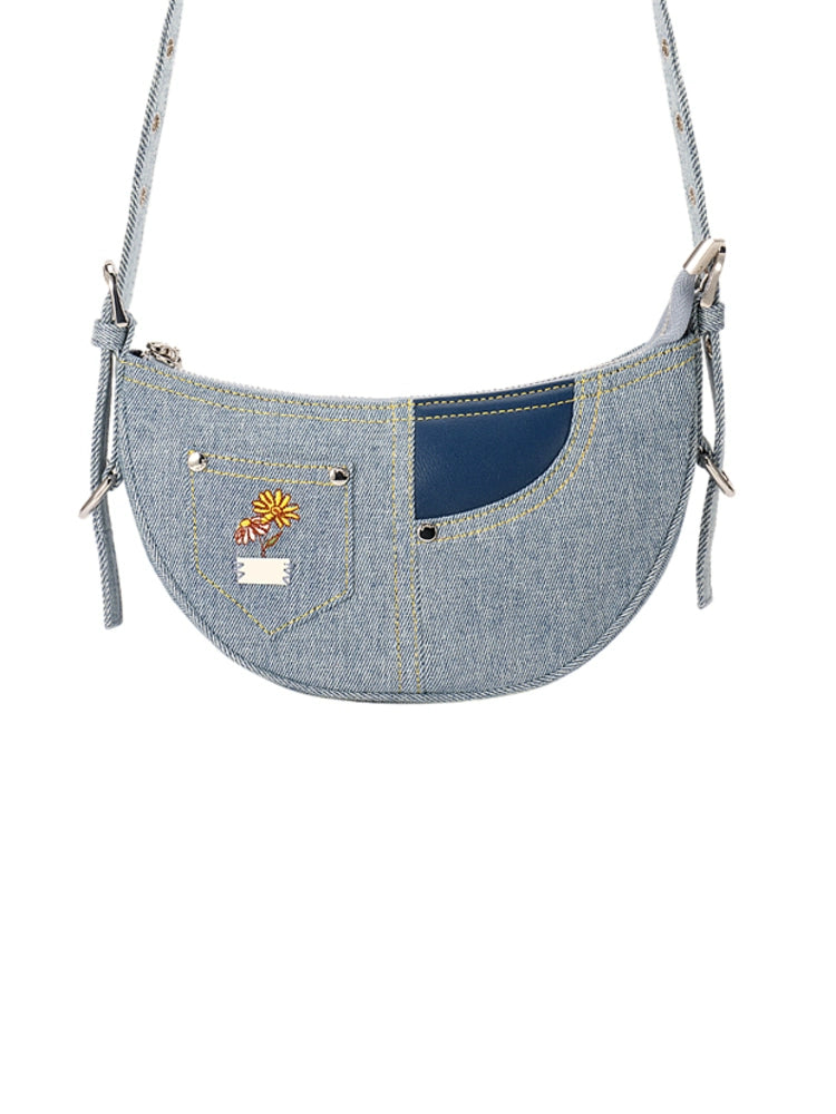 Ajidou Denim Patchwork Retro Crossbody Bag