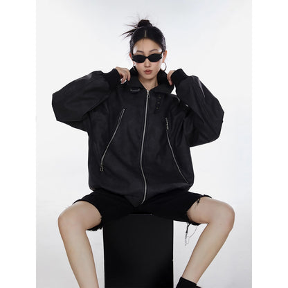 American Retro High Street distressed design stand collar coat for women Spring and Autumn New loose trendy versatile jacket top