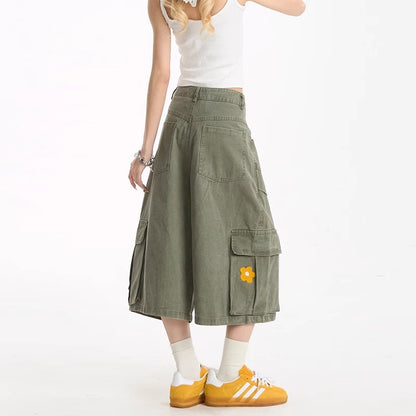 American flower towel embroidery design sense workwear cropped pants women's New straight summer lazy jeans