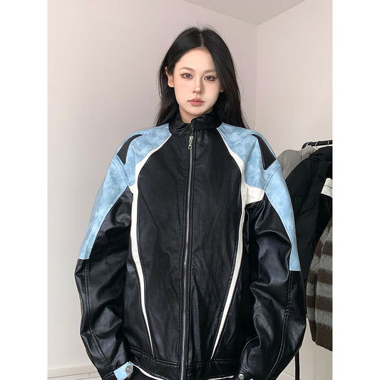 American color matching motorcycle jacket girls' spring and autumn 2024 New loose trendy windproof jacket casual top