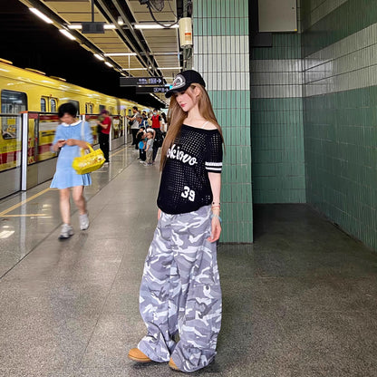 High street camouflage washed wide-leg machete jeans women's summer New loose American style trend straight long pants fashion