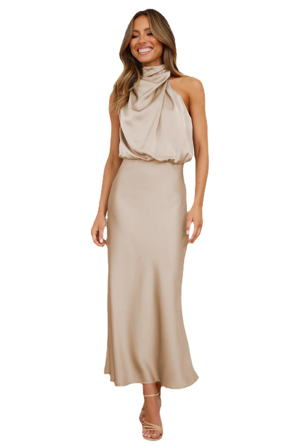 Amazon women's clothing dress 2024 popular celebrity wedding bridesmaid dress mid-length dress halter satin evening dress