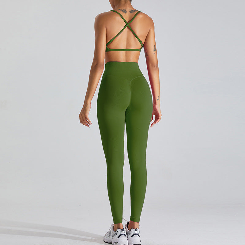 European and American seamless beauty back yoga clothes suit women's outdoor running skinny yoga pants quick-drying sports fitness clothes suit