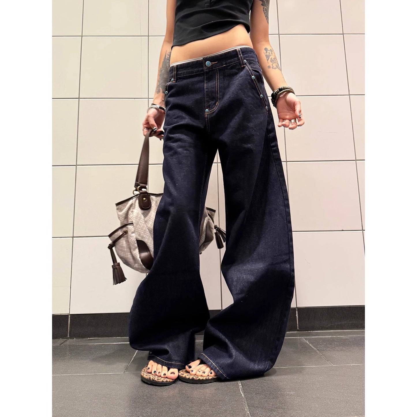 Summer new American Retro denim primary color turquoise machete jeans for women A- line straight wide-leg pants