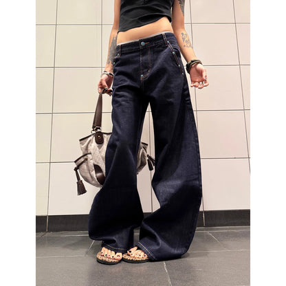 Summer new American Retro denim primary color turquoise machete jeans for women A- line straight wide-leg pants