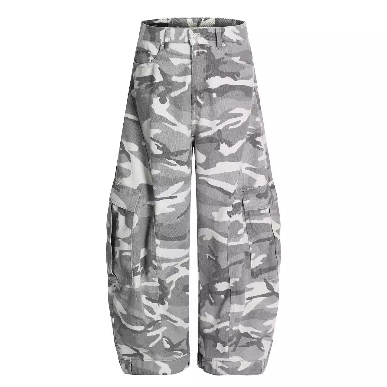 High street camouflage washed wide-leg machete jeans women's summer New loose American style trend straight long pants fashion