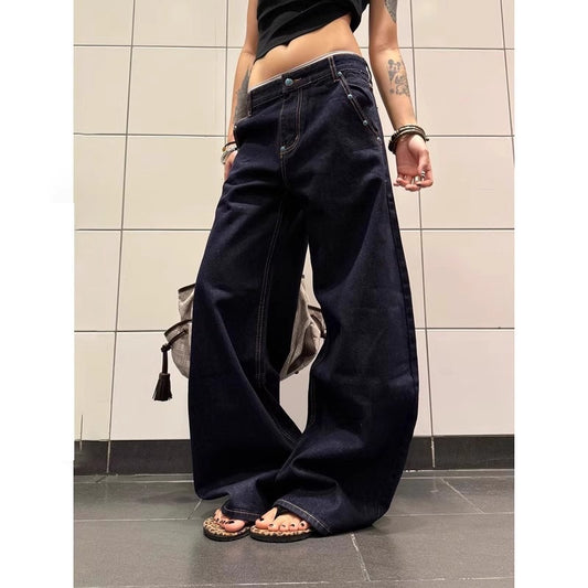 Summer new American Retro denim primary color turquoise machete jeans for women A- line straight wide-leg pants