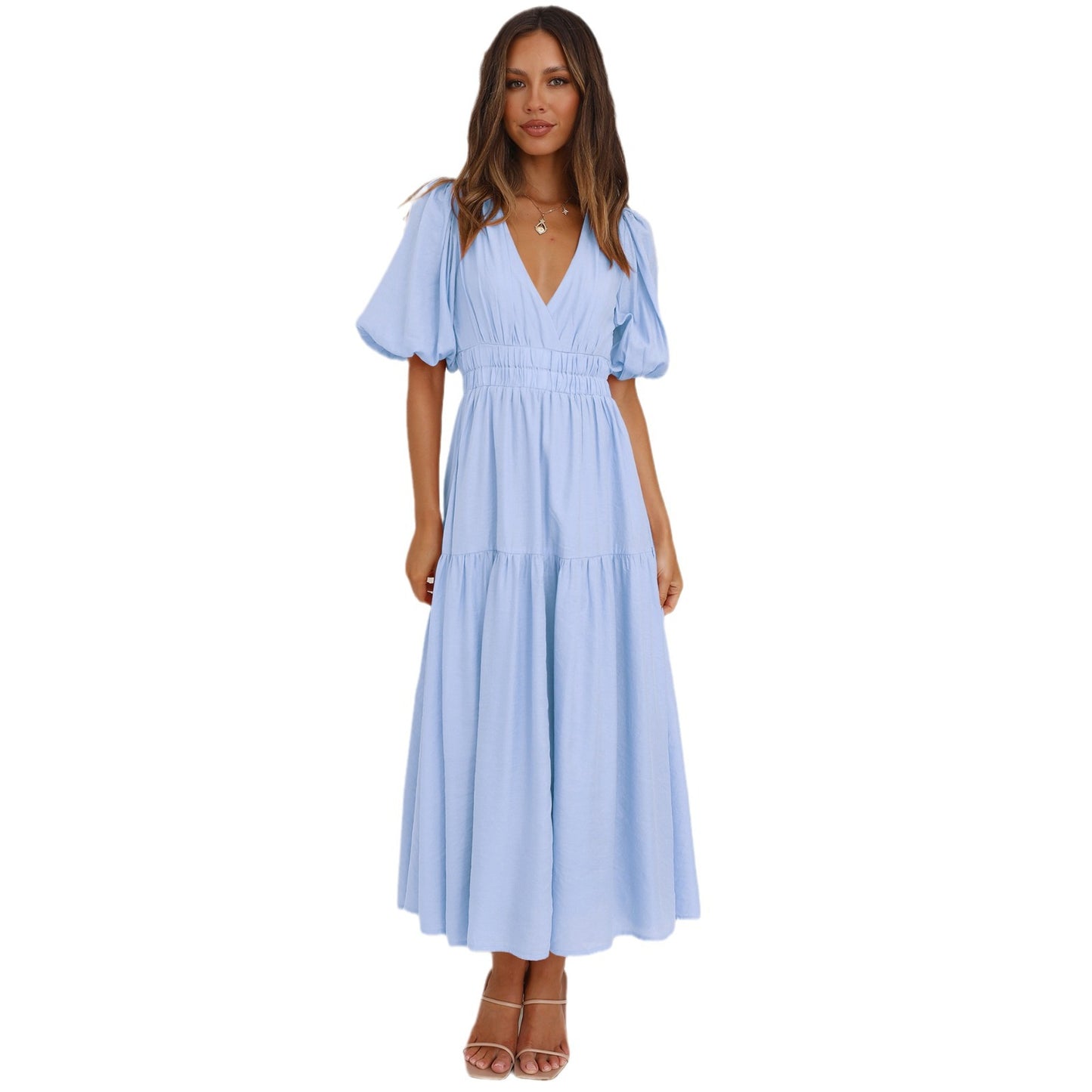 Amazon new dress high-grade long dress ruffled lantern sleeves V-neck holiday beach dress foreign trade women's clothing