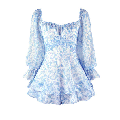 Hot-selling floral-print one-piece split skirt French square collar jumpsuit elegant ruffle pantskirt lace-up casual pants Women's