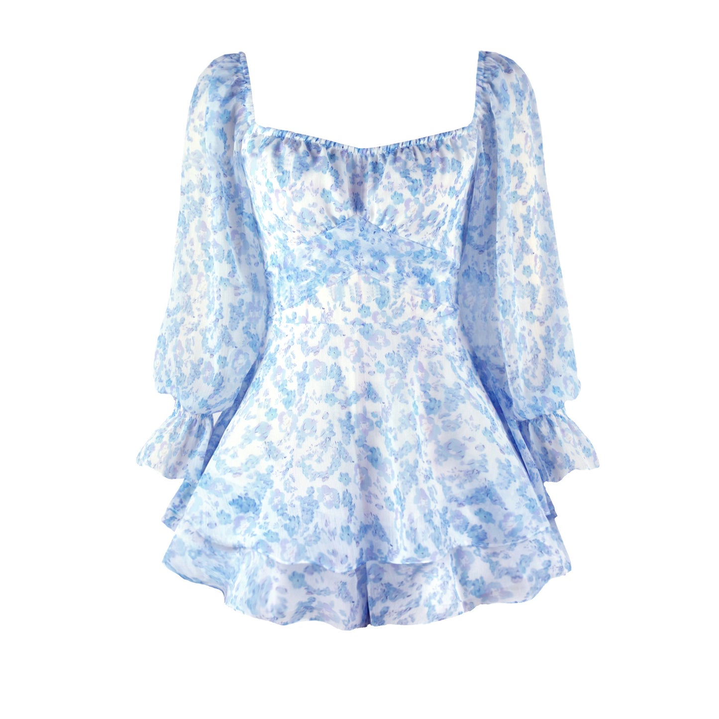 Hot-selling floral-print one-piece split skirt French square collar jumpsuit elegant ruffle pantskirt lace-up casual pants Women's