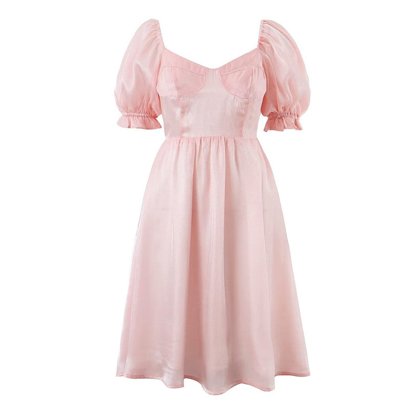 Sweet Fairy Escape Princess Glossy Barbie Pink High Waist Slimming Puff Sleeve Large Skirt Mid Length Long Length Dress
