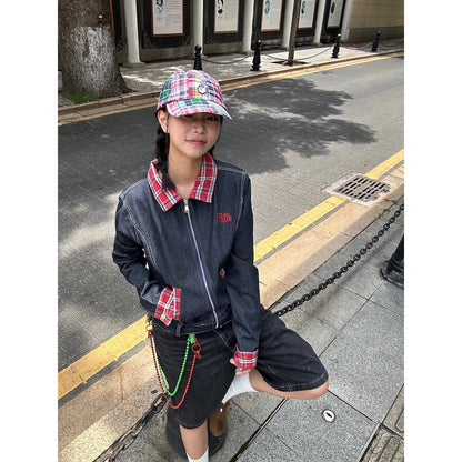 American retro plaid stitching Denim short coat for women Spring and Autumn new small tooling shoulder polo collar jacket