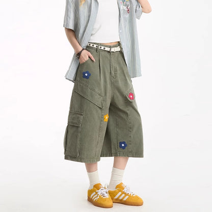 American flower towel embroidery design sense workwear cropped pants women's New straight summer lazy jeans