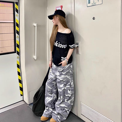 High street camouflage washed wide-leg machete jeans women's summer New loose American style trend straight long pants fashion