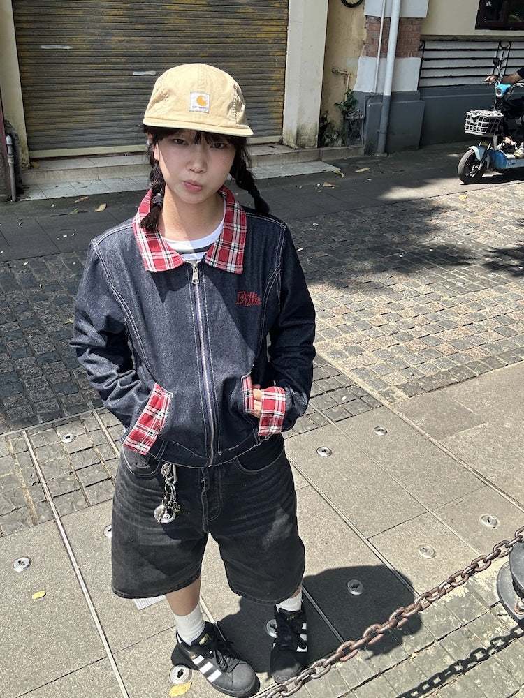 American retro plaid stitching Denim short coat for women Spring and Autumn new small tooling shoulder polo collar jacket