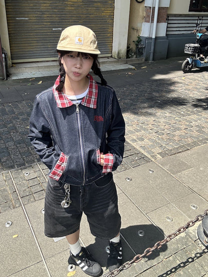 American retro plaid stitching Denim short coat for women Spring and Autumn new small tooling shoulder polo collar jacket