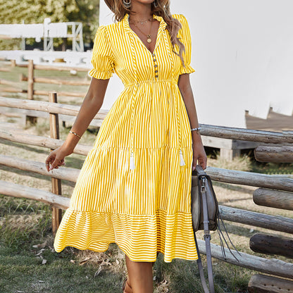 Self-developed design European and American fashion women's wear dress 2025 summer Amazon stripes dress temperament