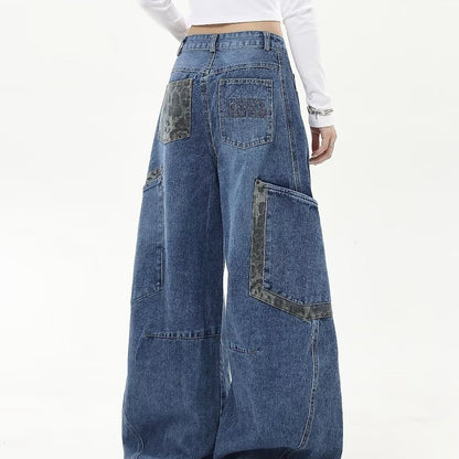 2024 spring and autumn American vintage leopard print stitching large workwear with pocket jeans men and women wide leg banana Matchet pants