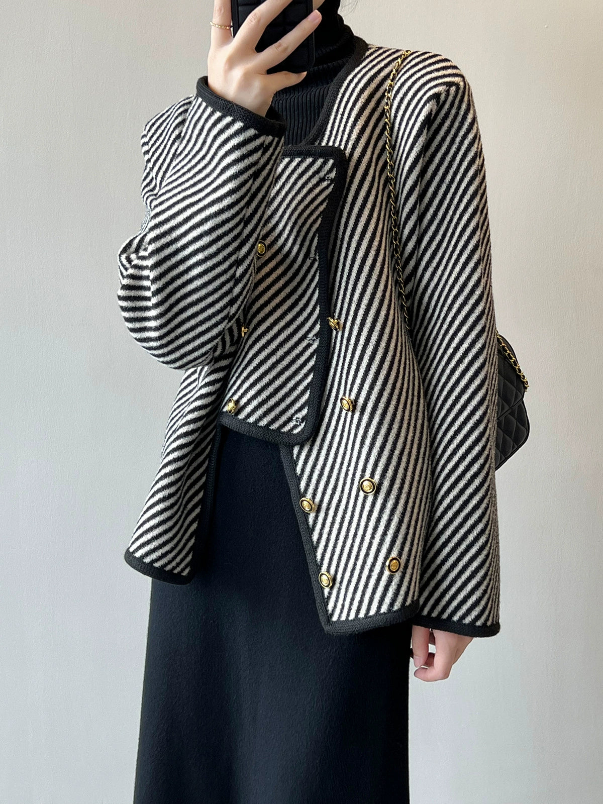 Classic Style Mmao Stripe Short Woolen Coat