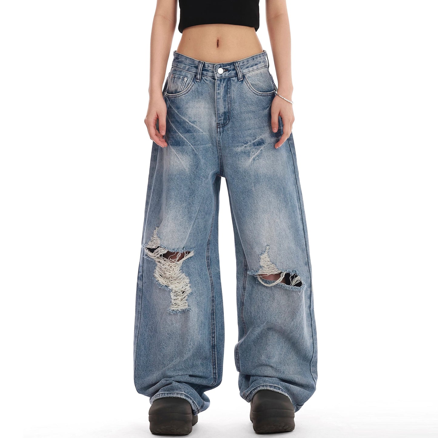 Retro washed distressed embroidered ripped straight jeans women's summer new American wide leg mop pants fashion