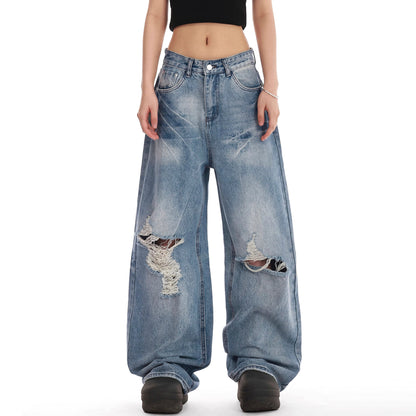 Retro washed distressed embroidered ripped straight jeans women's summer new American wide leg mop pants fashion