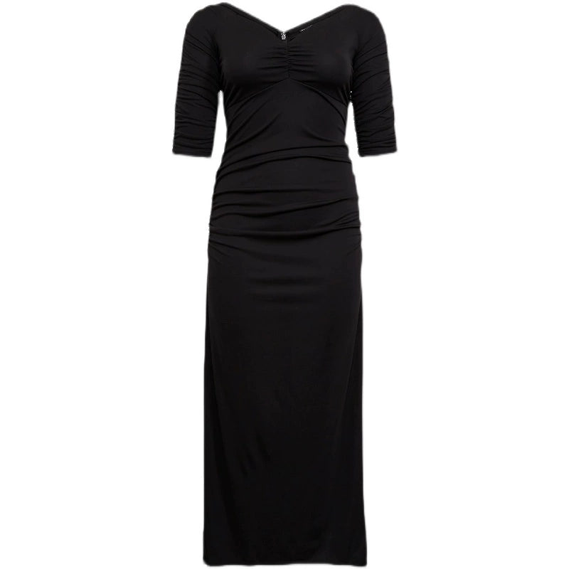 V-neck Pleated Slim-Fit Tall European and American Dress
