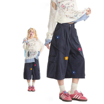 American flower towel embroidery design sense workwear cropped pants women's New straight summer lazy jeans