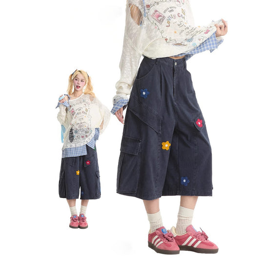 American flower towel embroidery design sense workwear cropped pants women's New straight summer lazy jeans