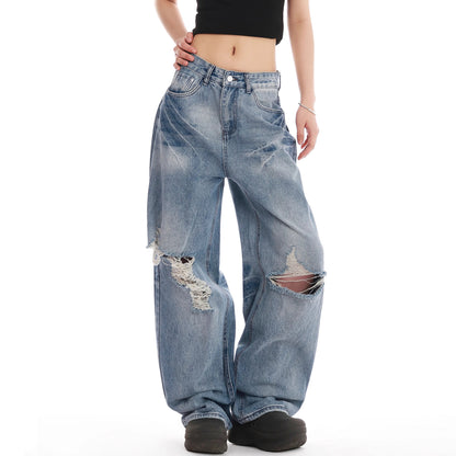 Retro washed distressed embroidered ripped straight jeans women's summer new American wide leg mop pants fashion