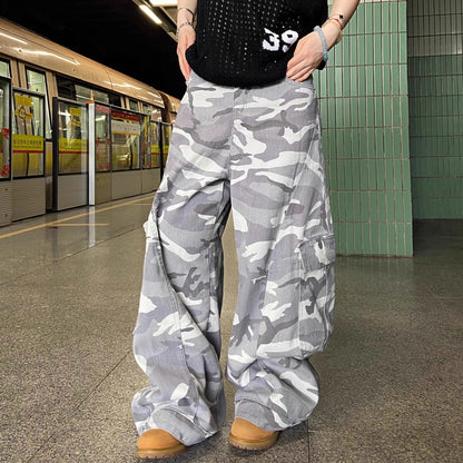 High street camouflage washed wide-leg machete jeans women's summer New loose American style trend straight long pants fashion