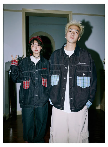 Japanese style line color-contrast check pocket patchwork denim jacket women's autumn and winter new fashion brand polo collar jacket top