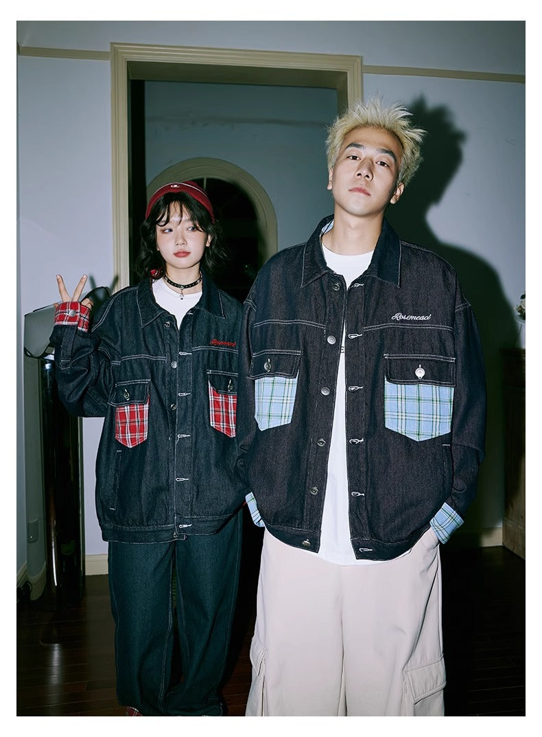 Japanese style line color-contrast check pocket patchwork denim jacket women's autumn and winter new fashion brand polo collar jacket top