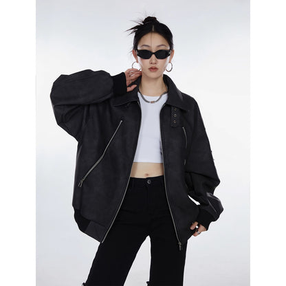 American Retro High Street distressed design stand collar coat for women Spring and Autumn New loose trendy versatile jacket top