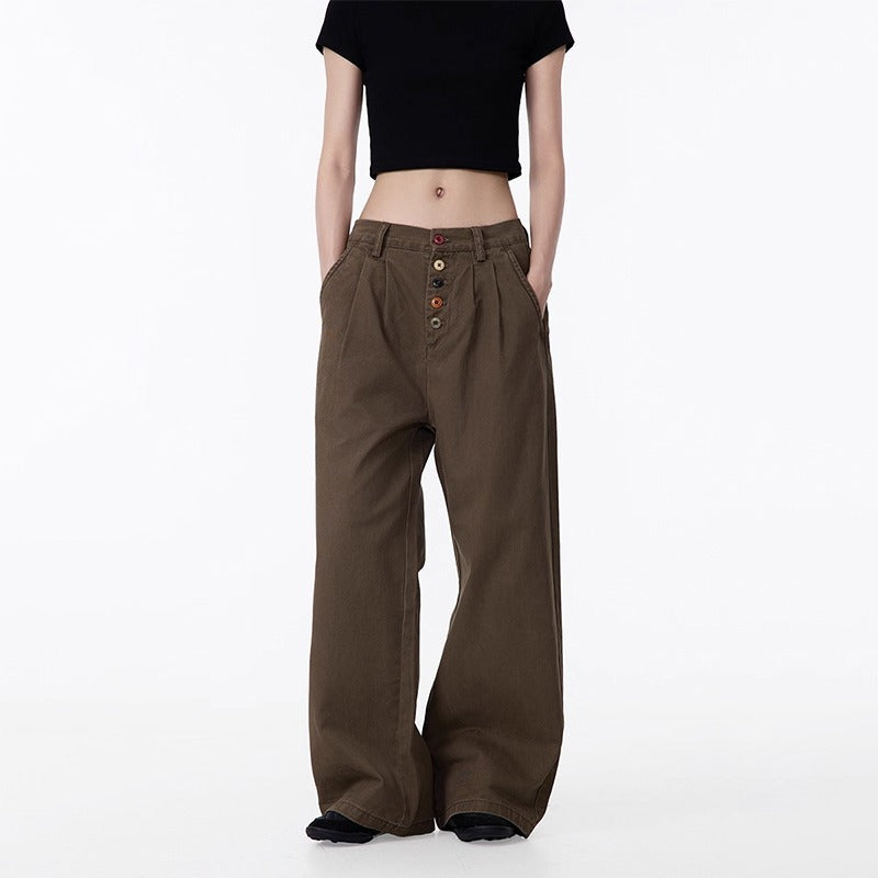 Summer new American style distressed design button workwear casual pants women's loose straight ruffle handsome wide-leg pants