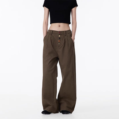 Summer new American style distressed design button workwear casual pants women's loose straight ruffle handsome wide-leg pants