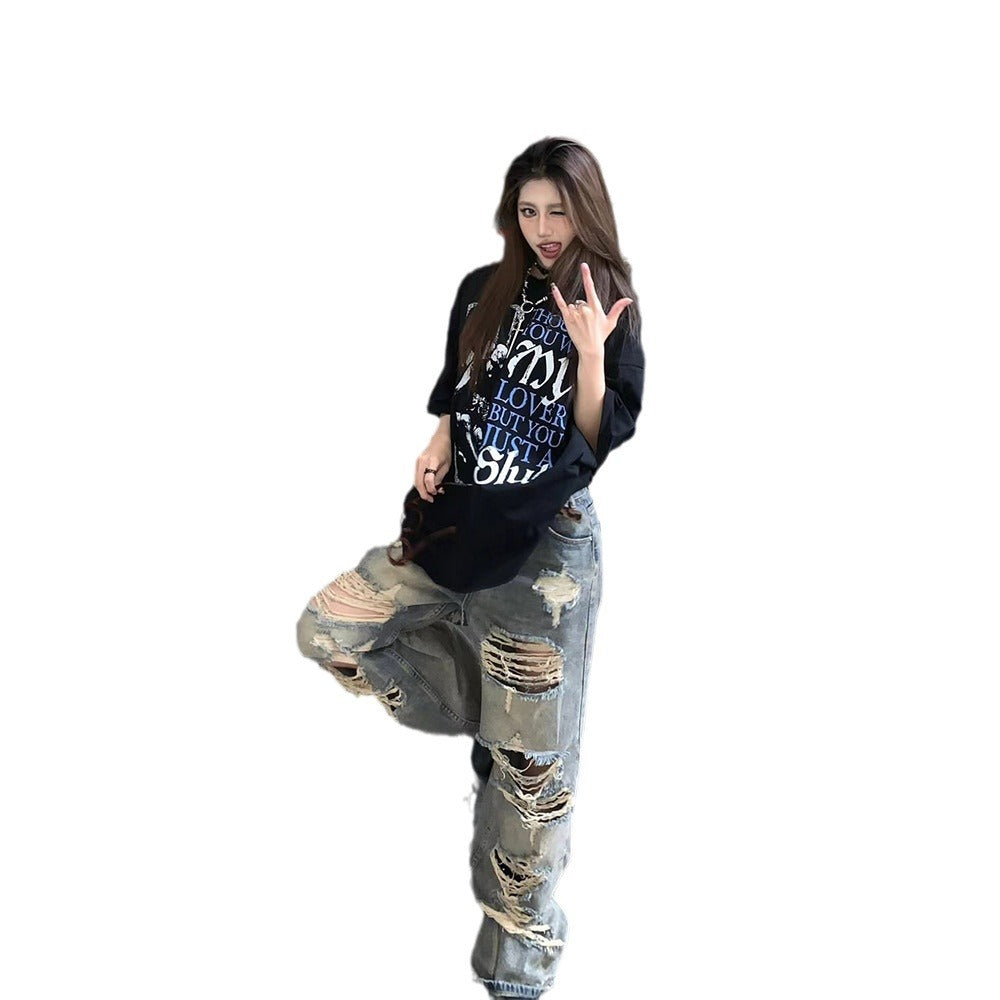 Waste soil style ripped jeans women's summer American retro blue High Street straight loose distressed wide-leg pants tide