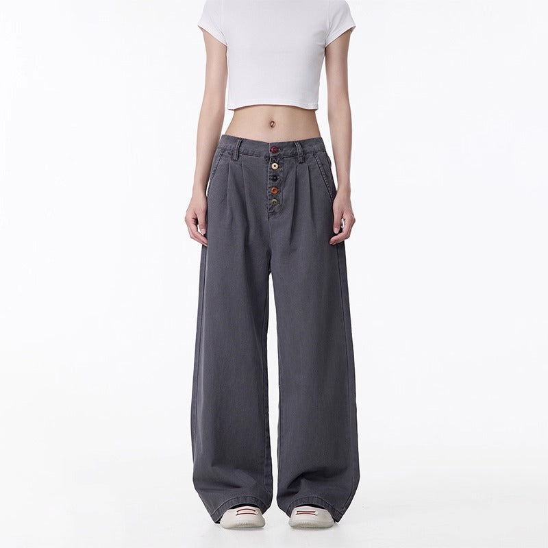 Summer new American style distressed design button workwear casual pants women's loose straight ruffle handsome wide-leg pants