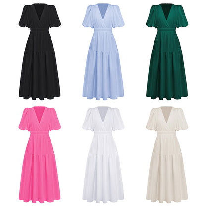 Amazon new dress high-grade long dress ruffled lantern sleeves V-neck holiday beach dress foreign trade women's clothing