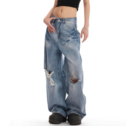 Retro washed distressed embroidered ripped straight jeans women's summer new American wide leg mop pants fashion