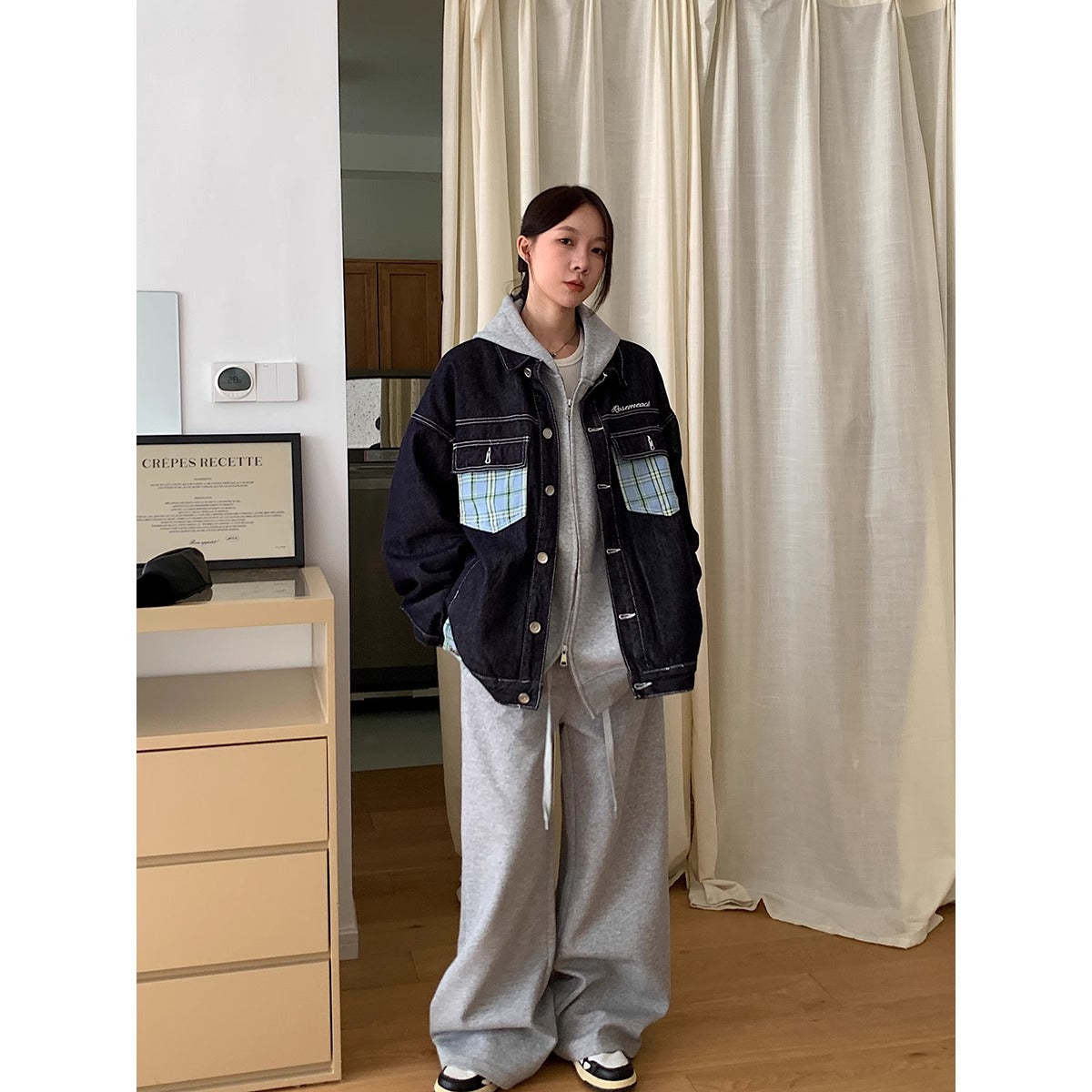 American plaid pocket patchwork denim jacket women's 2024 Spring and Autumn New loose leisure workwear jacket top