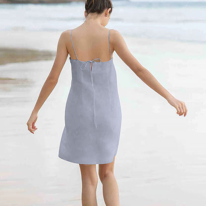 2025 summer new cotton and linen suspender skirt vacation style sleeveless tube top lace-up backless hot girl A- line dress