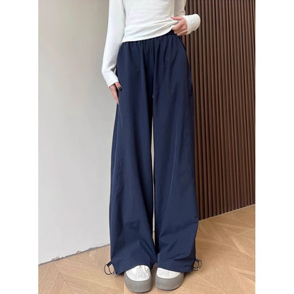Korean style trendy workwear casual pants women's summer 2025 new cool rustling high waist straight retro wide leg sports pants