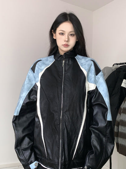 American color matching motorcycle jacket girls' spring and autumn 2024 New loose trendy windproof jacket casual top