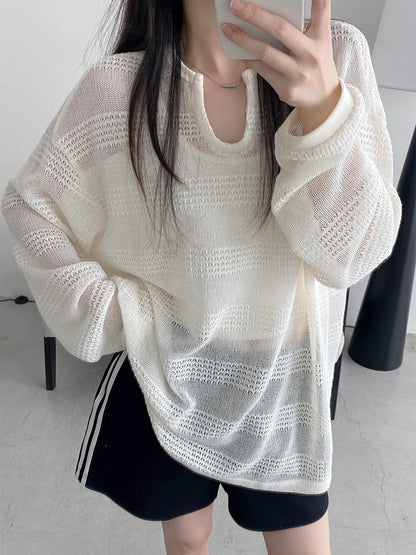 2025 summer new American sun protection clothing cutout blouse women's loose and lazy style design long sleeve T-shirt top