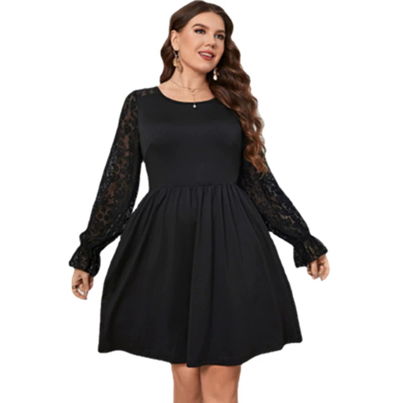 plus Size Women's Clothing Plus Size Ladies Sexy Lace Stitching Long Sleeve round Neck Simple Graceful Black Dress Slimming Youthful-Looking Dress