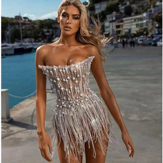 New New Summer Tube Top Sequin Bead Fashion Tassel Temperamental Classy Social Party Casual Small Dress Wedding