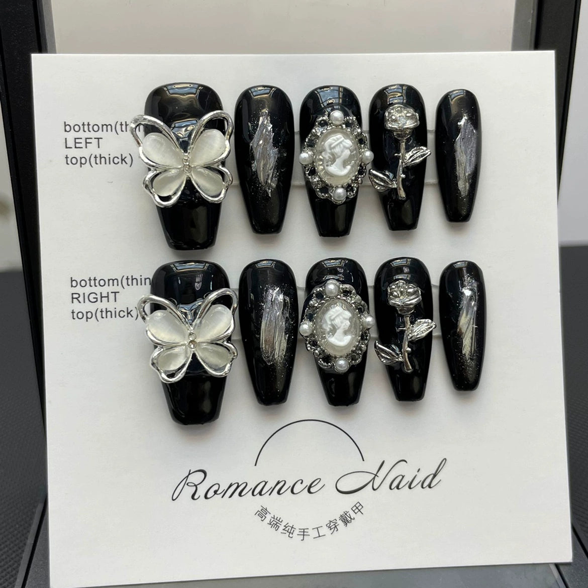 Real Shot Butterfly Rose Mid Length Long Length Rhinestone Manicure