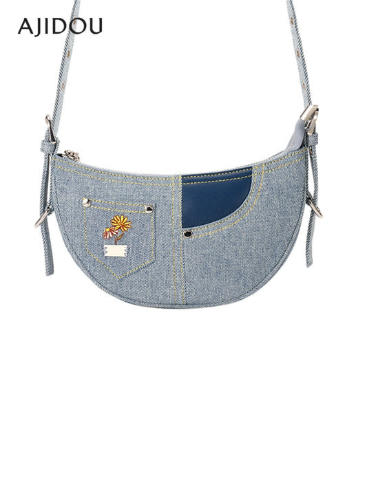 Ajidou Denim Patchwork Retro Crossbody Bag