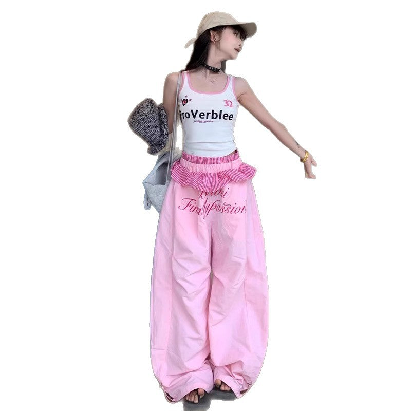 Hot girl hip hop stitching design sense machete casual pants women's summer New loose American retro all-matching long pants