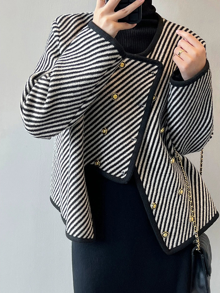 Classic Style Mmao Stripe Short Woolen Coat